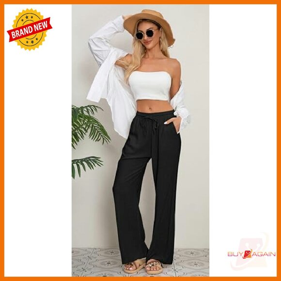 Cotton Linen Palazzo Pants Wide Leg Elastic Waist Drawstring Casual Lounge - Picture 6 of 7